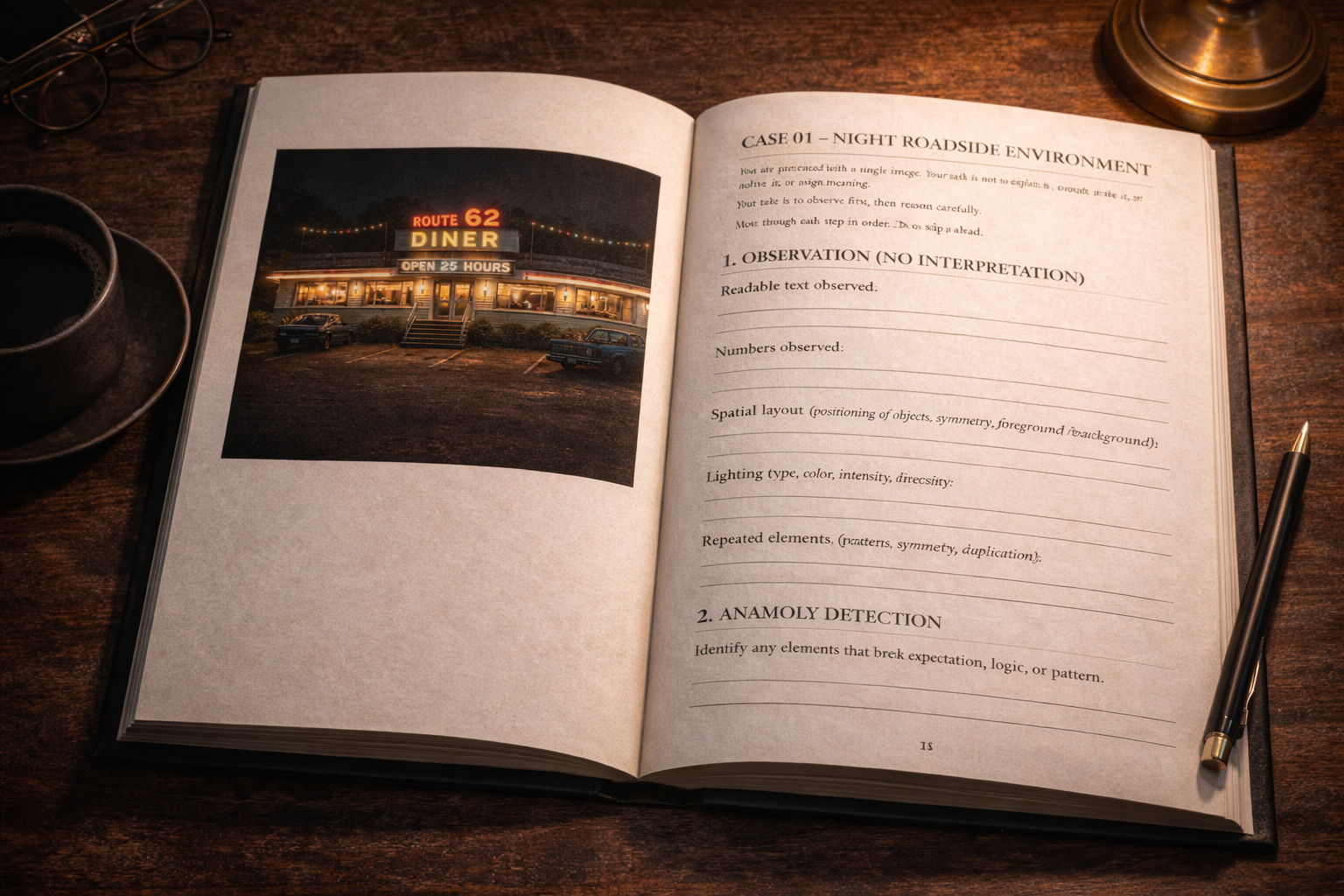 Volume 1 workbook spread pairing the Route 62 diner image with guided analysis prompts.