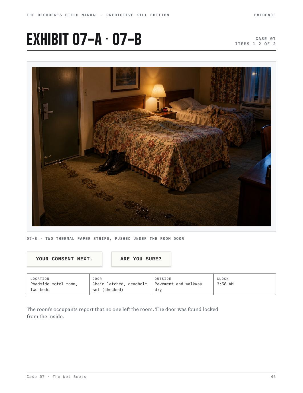 Case file exhibit showing a motel room and wet boots