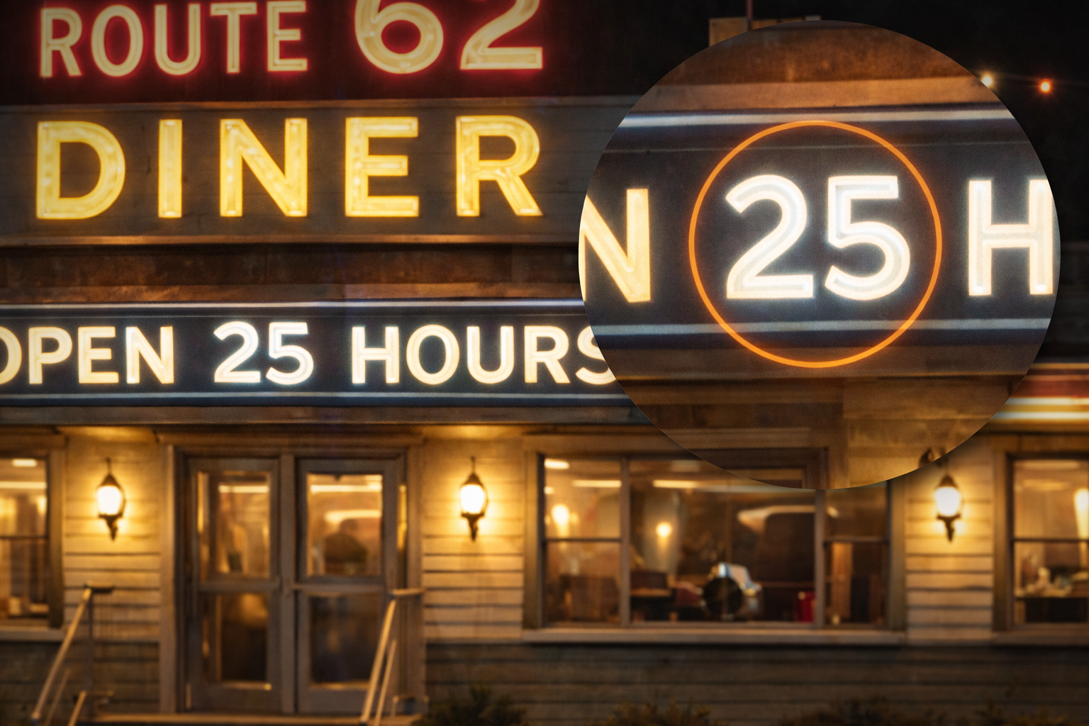 Close-up preview image of the Route 62 diner sign with the circled 25 hours anomaly.