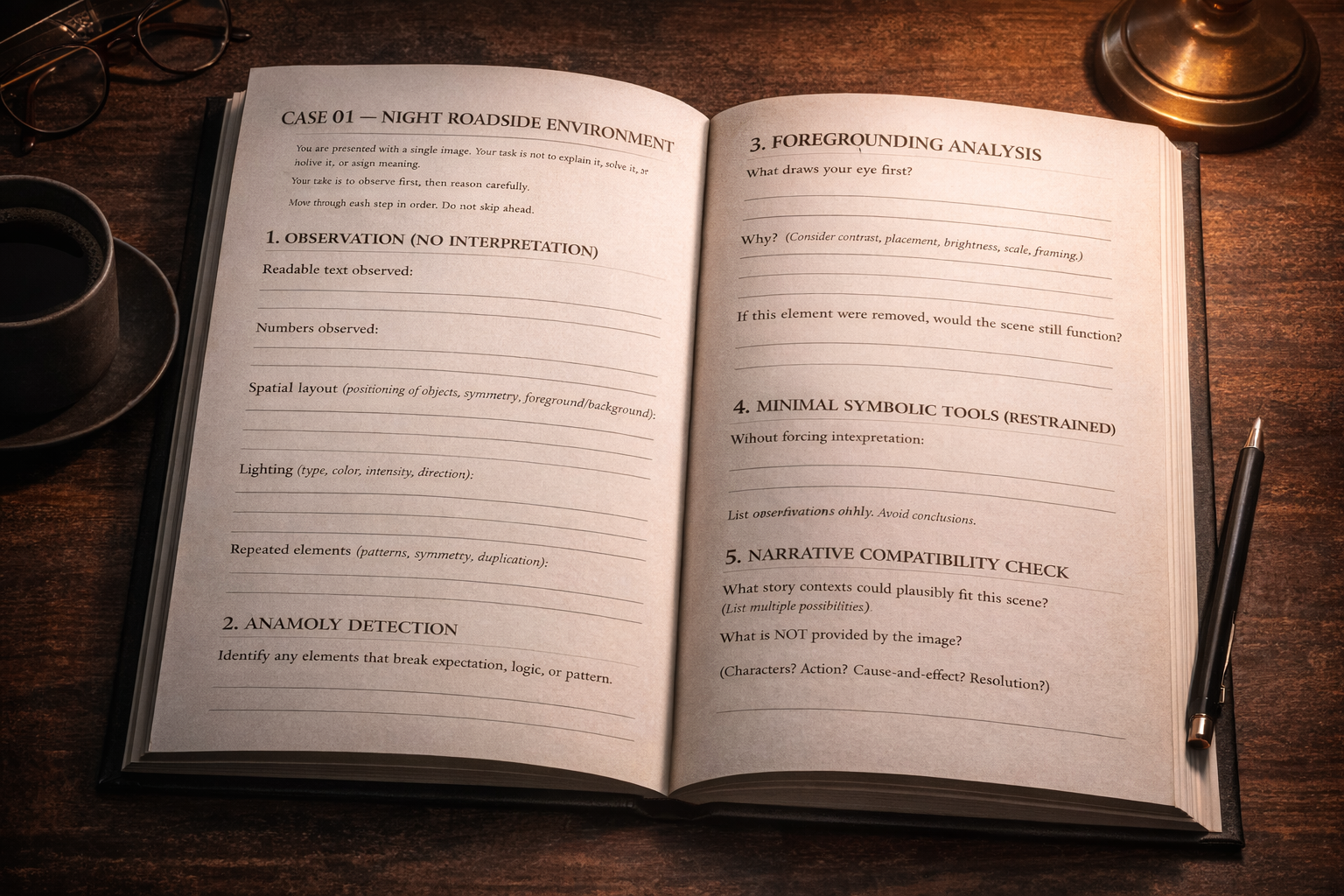 Open worksheet spread from Volume 1 showing the observation and foregrounding analysis pages.