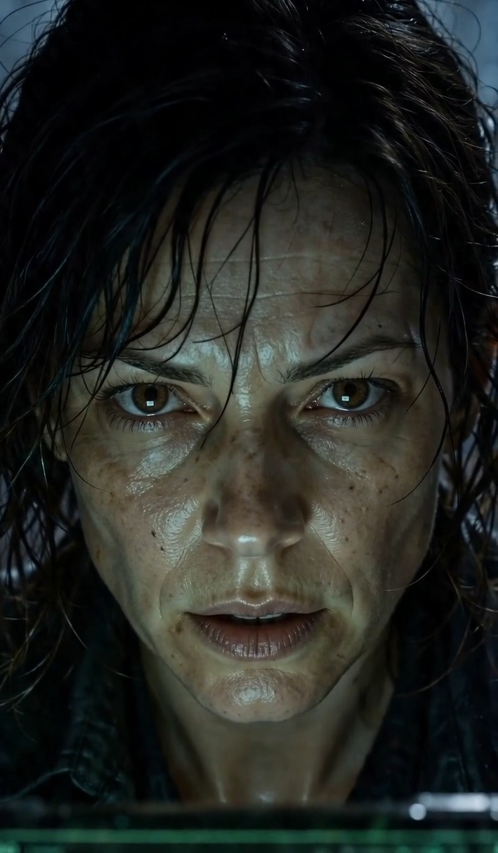 Lena Thorne staring forward in cold blue light